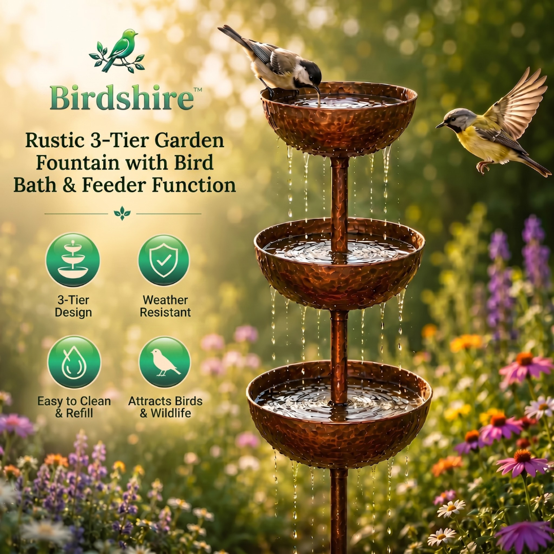 Birdshire™ – Rustic Three-Tier Bird Bath & Feeding Station